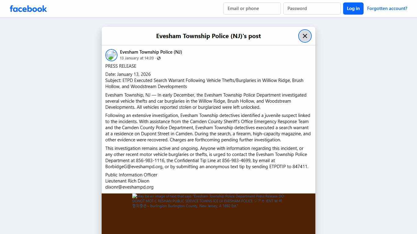 PRESS RELEASE Date:... - Evesham Township Police (NJ) Facebook